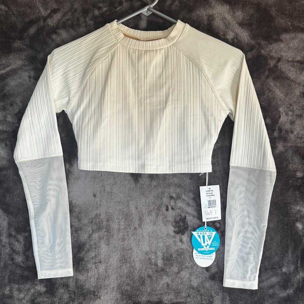 WET Sz Small Swim Shirt Rash Guard Cropped With Cups Ivory Mesh NWT